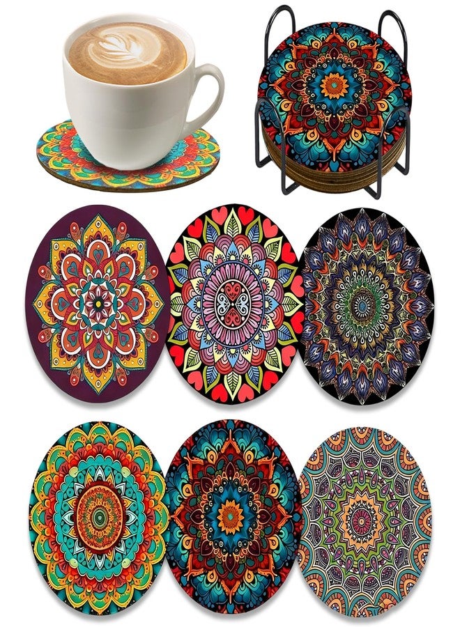 IIDEA Set of 6 Wood Coasters with Holder,Mandala Diamond Art Wooden Coasters for Table Protection Absorbent Drink Cup Cork Base Farmhouse Housewarming Gifts,Heat-Resistant - Image 1